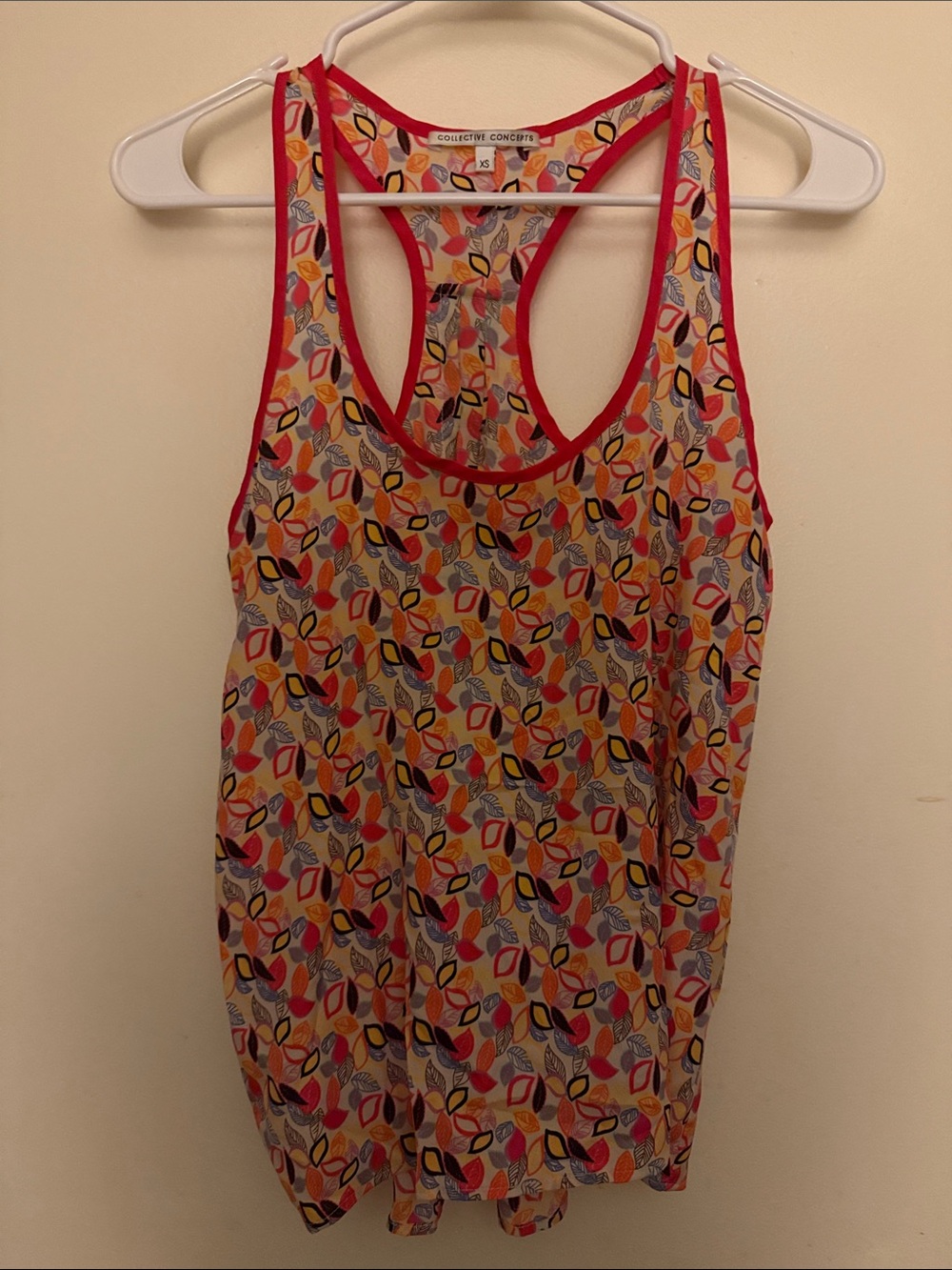 Collective Concepts Multicolor Leaf-Print Racerback Tank with Red Trim